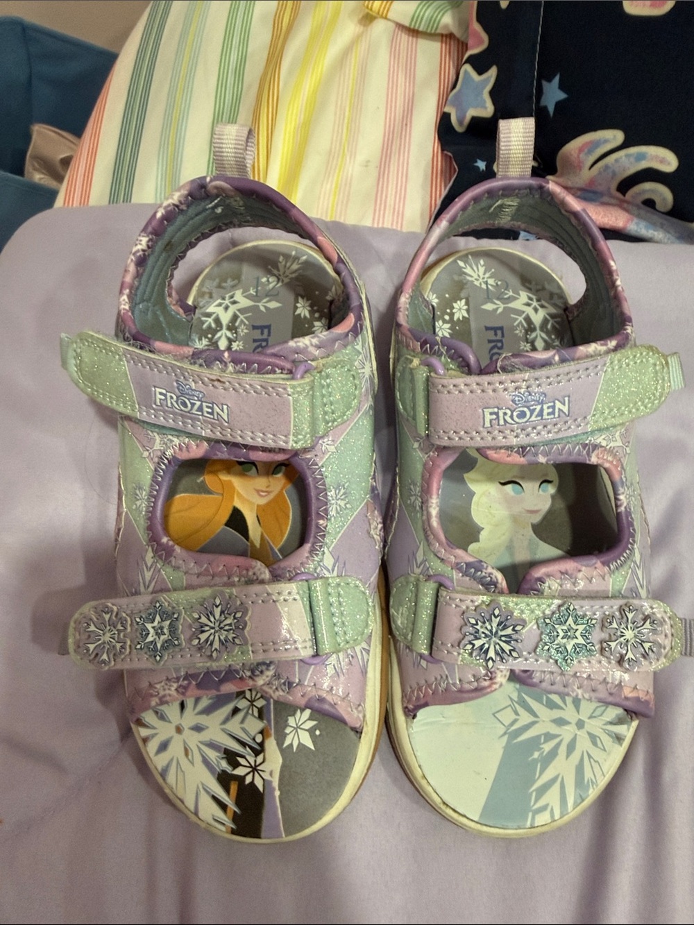 Disney Frozen Girls Lavender and Mint Sandals with Snowflake Accents